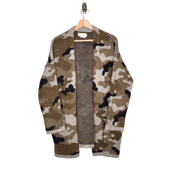 Anthropologie Vera Camo Open Front Oversized Cardigan Knit Grey Green Size XS - Picture 1 of 8